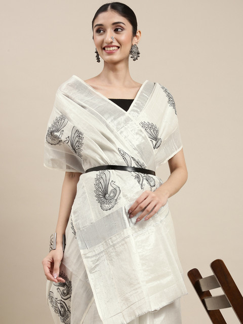 

Thara Sarees Silver & Black Ethnic Motifs Pure Cotton Kasavu Saree