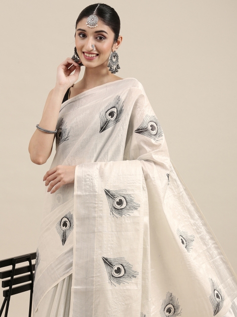 

Thara Sarees Women Off White & Black Ethnic Motifs Pure Cotton Kasavu Saree