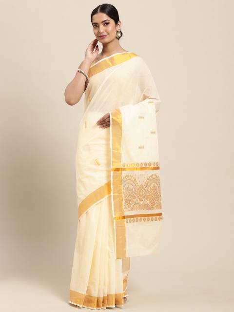 

Thara Sarees Women Off White & Golden Zari Woven Design Pure Cotton Kasavu Saree
