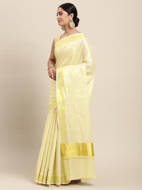 

Thara Sarees Cream-Coloured & Golden Handloom Zari Work Pure Cotton Kasavu Saree