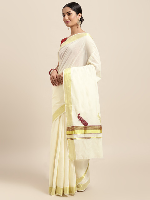 

Thara Sarees Off White & Golden Handloom Solid Zari Pure Cotton Kasavu Saree