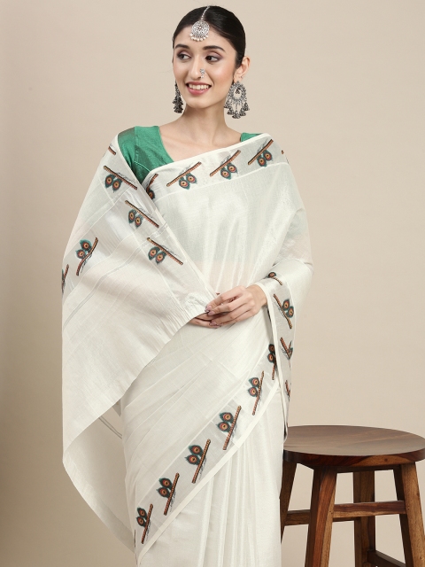 

Thara Sarees Women Off White & Silver Ethnic Motifs Zari Pure Cotton Kasavu Saree