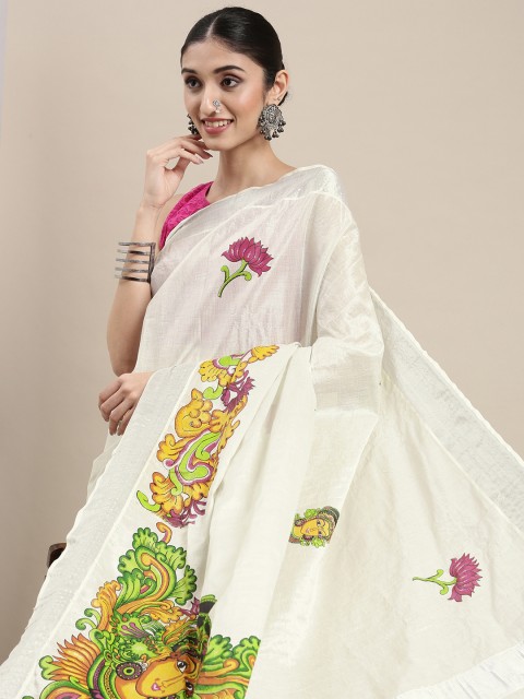 

Thara Sarees Silver & Pink Ethnic Motifs Pure Cotton Kasavu Saree Saree