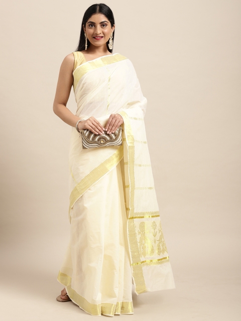 

Thara Sarees Off White & Golden Handloom Zari Work Pure Cotton Kasavu Saree