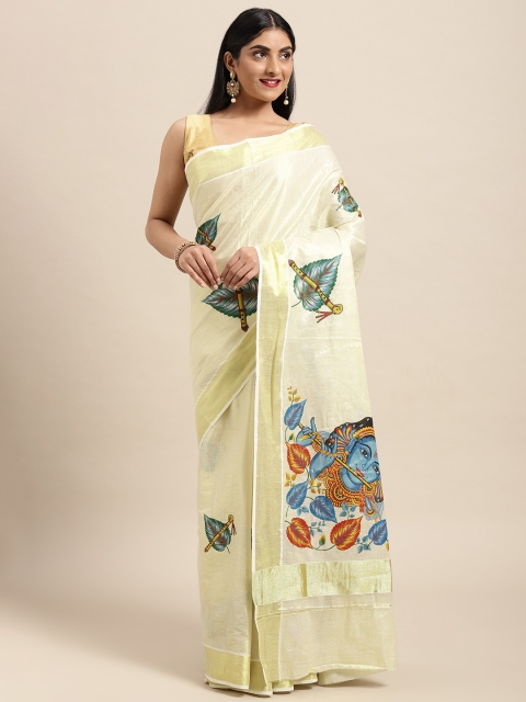 

Thara Sarees Cream-Coloured & Blue Handloom Lord Krishna Print Zari Cotton Kasavu Saree