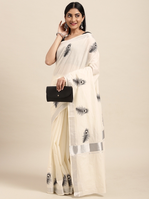 

Thara Sarees Off White & Black Ethnic Motifs Pure Cotton Kasavu Saree