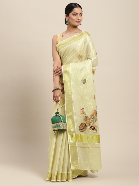 

Thara Sarees Cream-Coloured & Golden Handloom Zari Work Pure Cotton Kasavu Saree