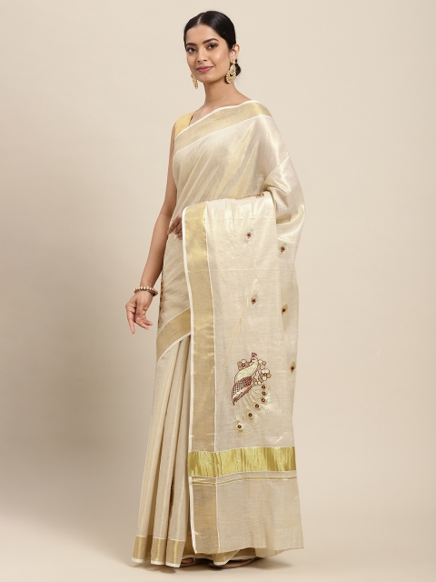 

Thara Sarees Cream-Coloured & Golden Handloom Zari Work Pure Cotton Kasavu Saree