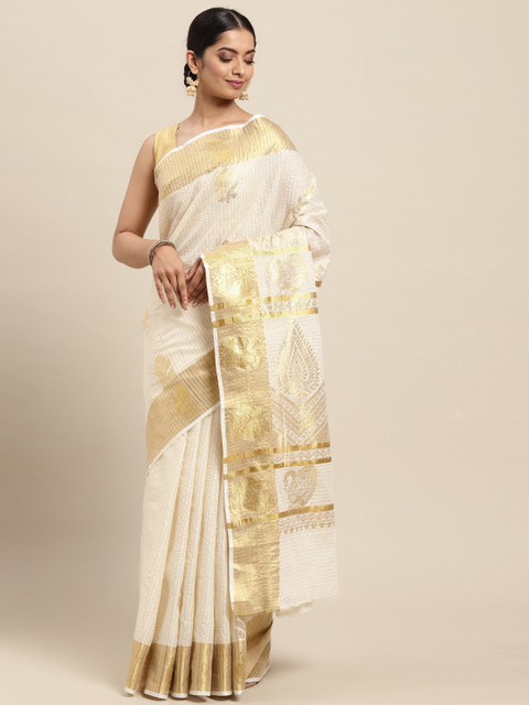 

Thara Sarees Off White & Golden Handloom Zari Work Checked Pure Cotton Kasavu Saree