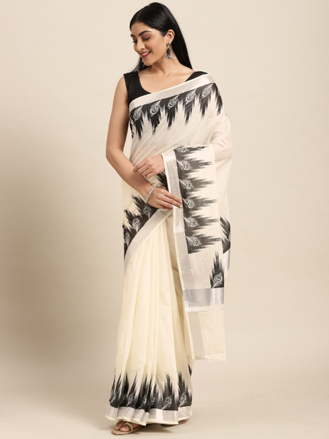 

Thara Sarees Off White & Black Ethnic Motifs Pure Cotton Kasavu Saree