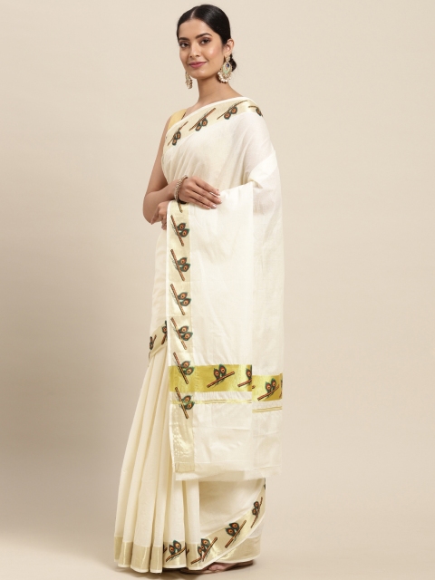 

Thara Sarees Women Off White & Green Ethnic Motifs Zari Pure Cotton Kasavu Saree