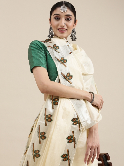 

Thara Sarees Women Off White & Green Ethnic Motifs Pure Cotton Kasavu Saree