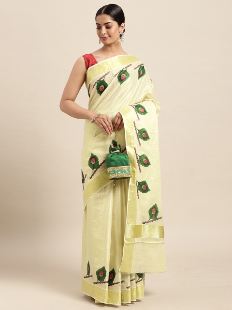 

Thara Sarees Cream-Coloured & Golden Handloom Printed Zari Pure Cotton Kasavu Saree