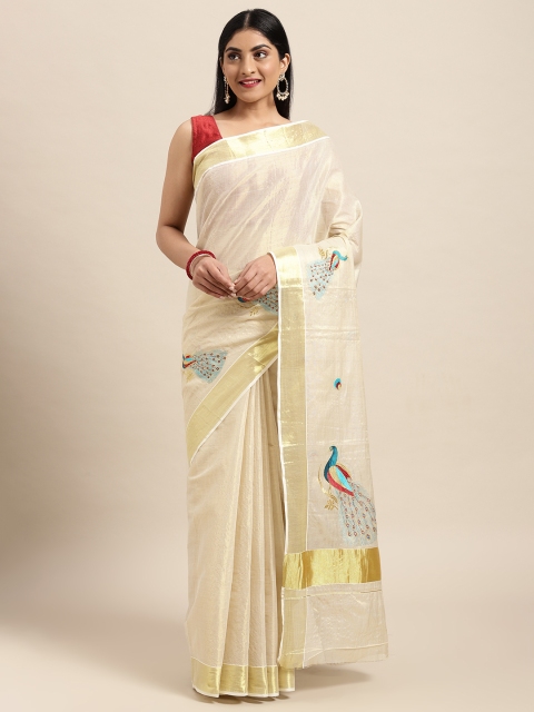 

Thara Sarees Off White & Golden Handloom Embroidered Zari Pure Cotton Kasavu Saree