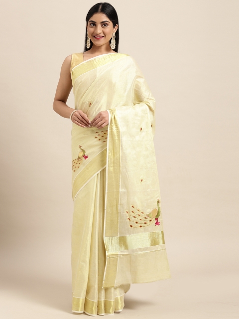 

Thara Sarees Cream-Coloured & Golden Handloom Zari Embroidered Pure Cotton Kasavu Saree