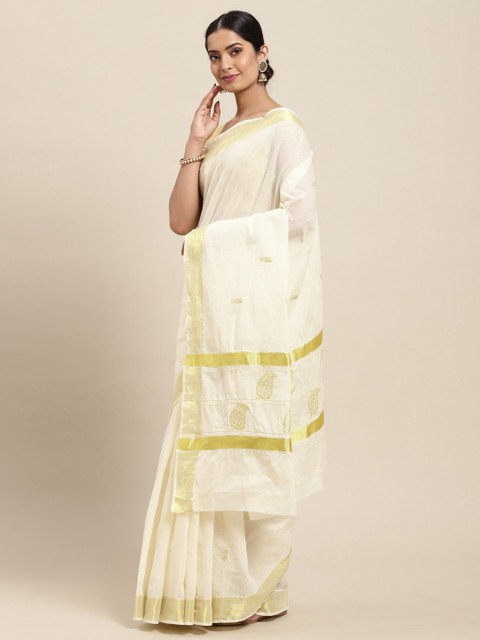 

Thara Sarees Off White & Golden Handloom Zari Work Pure Cotton Kasavu Saree