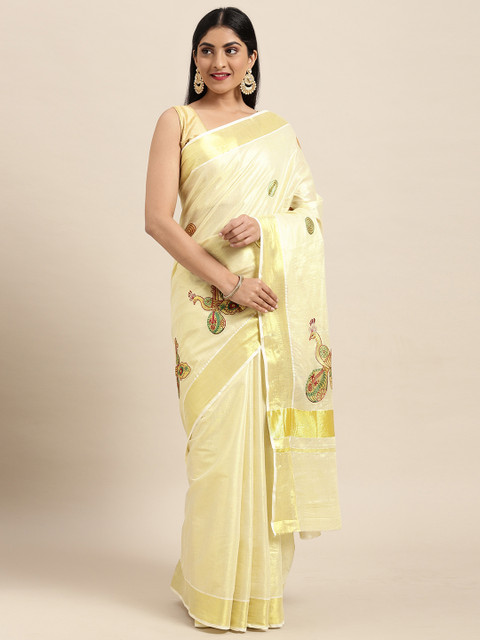 

Thara Sarees Cream-Coloured & Golden Handloom Zari Embroidered Pure Cotton Kasavu Saree