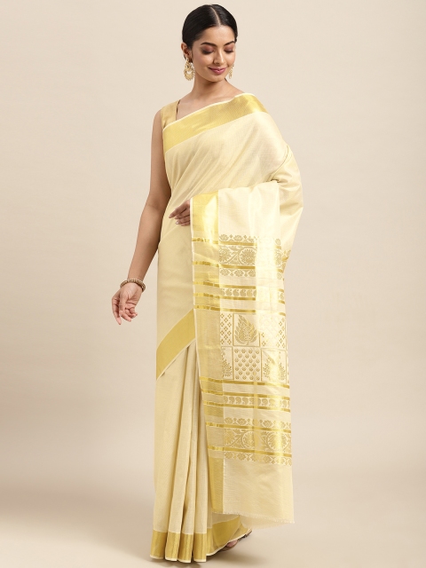 

Thara Sarees Cream-Coloured & Golden Handloom Solid Zari Pure Cotton Kasavu Saree