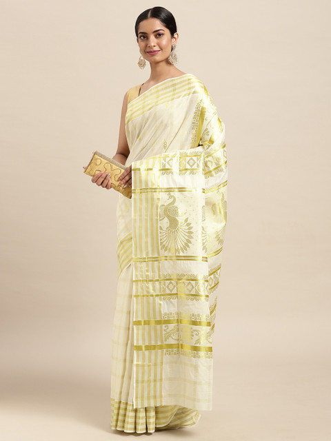 

Thara Sarees Off White & Golden Handloom Checked Zari Pure Cotton Kasavu Saree