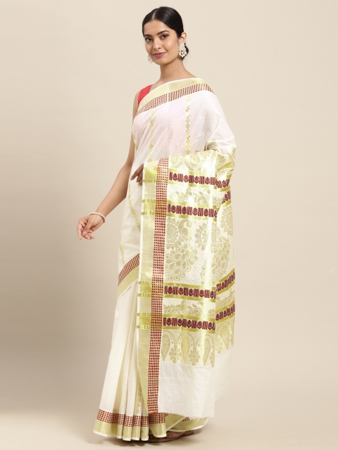 

Thara Sarees Off White & Golden Handloom Zari Work Pure Cotton Kasavu Saree