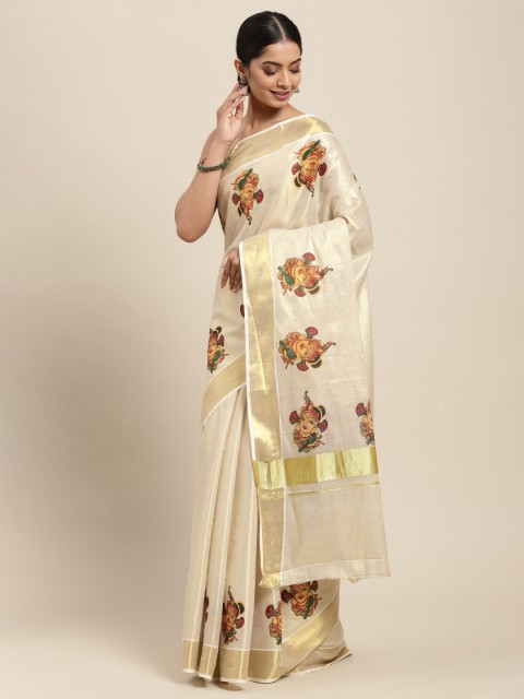 

Thara Sarees Cream-Coloured & Yellow Handloom Zari Work Printed Pure Cotton Kasavu Saree