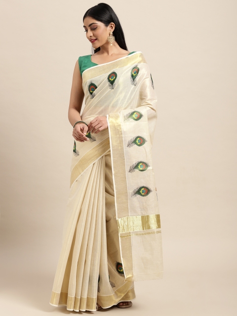

Thara Sarees Off White & Golden Handloom Printed Zari Pure Cotton Kasavu Saree