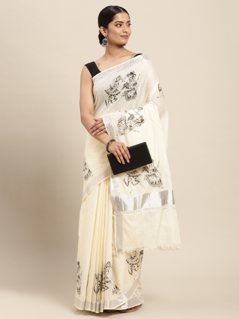 

Thara Sarees Women Off White & Black Ethnic Motifs Pure Cotton Kasavu Saree