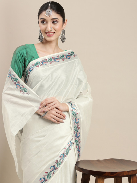 

Thara Sarees Women Off White & Silver Ethnic Motifs Zari Pure Cotton Kasavu Saree