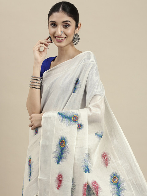 

Thara Sarees Women Off White & Blue Ethnic Motifs Zari Pure Cotton Kasavu Saree