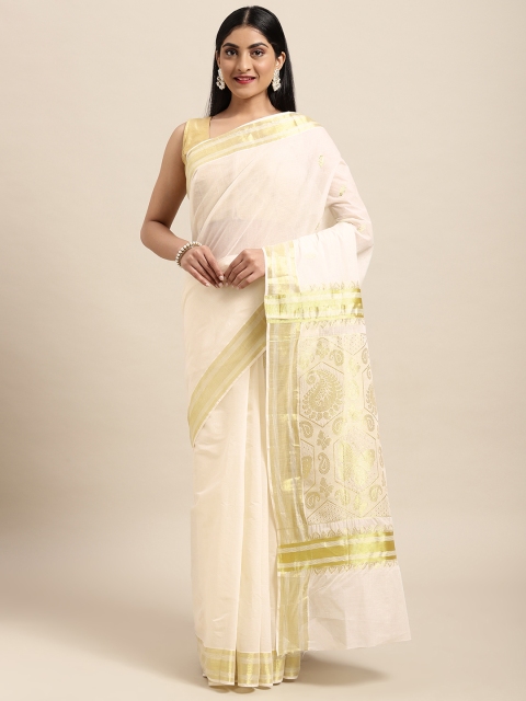 

Thara Sarees Off White & Golden Handloom Solid Zari Pure Cotton Kasavu Saree