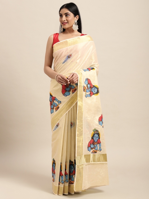 

Thara Sarees Cream-Coloured & Golden Handloom Printed Zari Pure Cotton Kasavu Saree