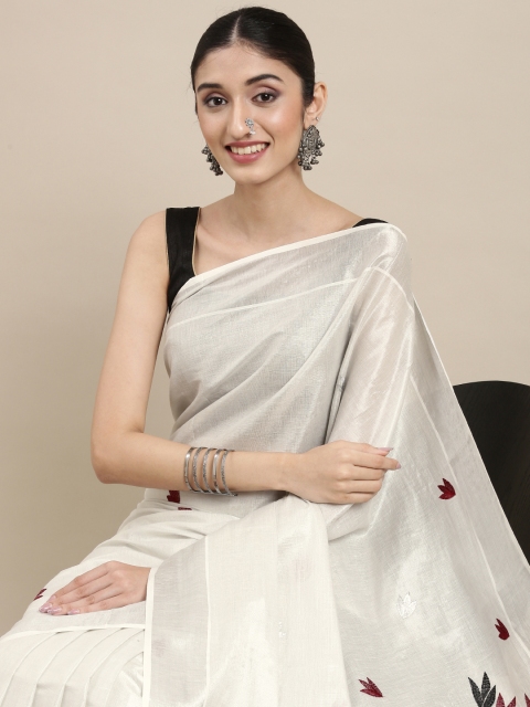 

Thara Sarees Silver & Maroon Ethnic Motifs Embroidered Pure Cotton Kasavu Saree