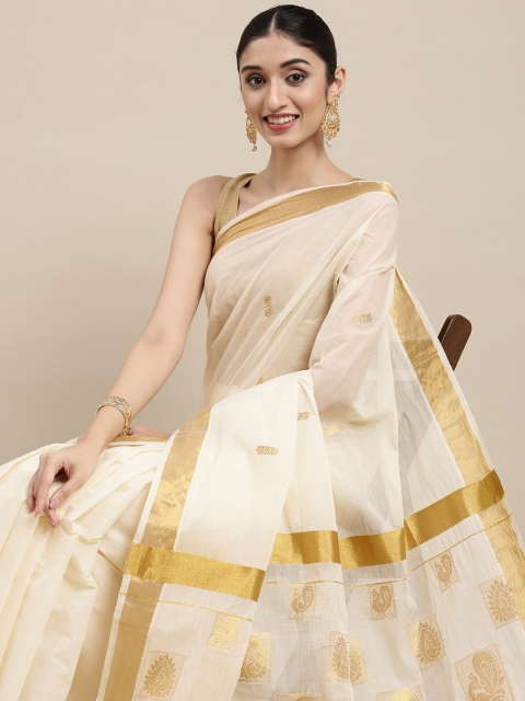 

Thara Sarees Women Off White & Golden Ethnic Motifs Zari Pure Cotton Kasavu Saree