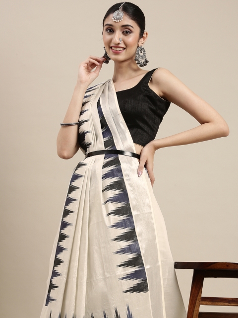 

Thara Sarees Women Off White & Black Ethnic Motifs Zari Pure Cotton Kasavu Saree