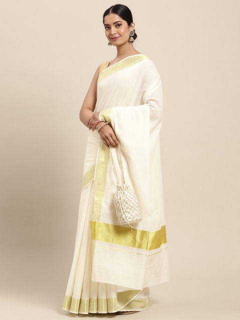 

Thara Sarees Off White & Golden Handloom Zari Work Pure Cotton Kasavu Saree