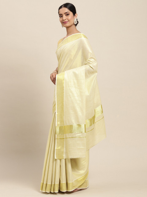 

Thara Sarees Cream-Coloured & Golden Handloom Zari Work Pure Cotton Kasavu Saree