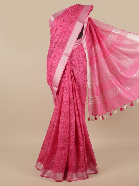 

Pothys Pink & Silver Ethnic Motifs Zari Linen Blend Saree