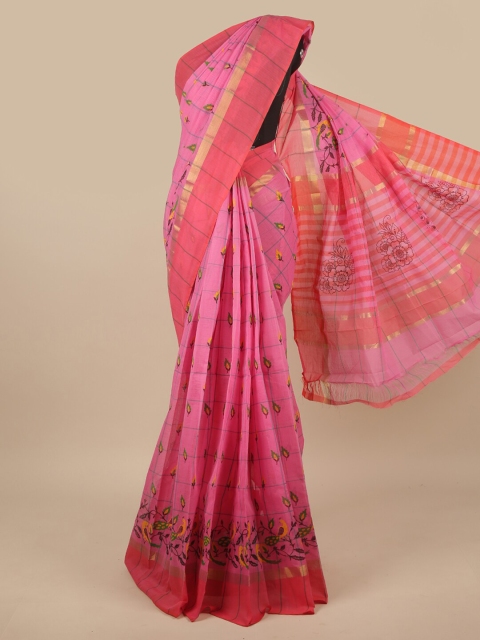 

Pothys Pink & Green Ethnic Motifs Zari Pure Cotton Saree