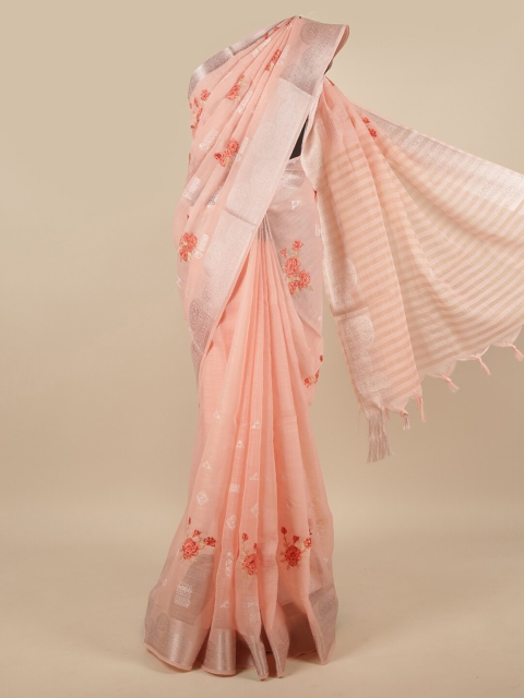 

Pothys Pink & Silver-Toned Floral Zari Pure Cotton Saree