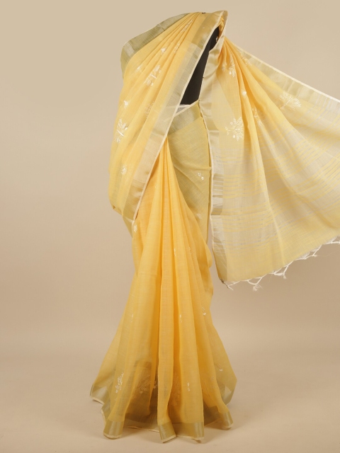 

Pothys Yellow & Silver-Toned Floral Embroidered Zari Pure Cotton Saree