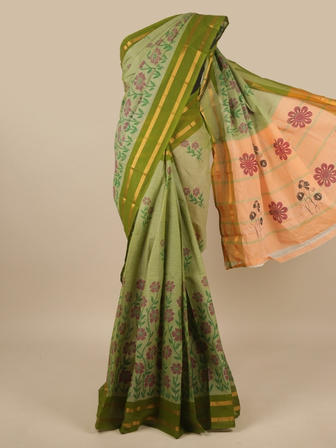 

Pothys Green & Peach-Coloured Floral Zari Pure Cotton Saree