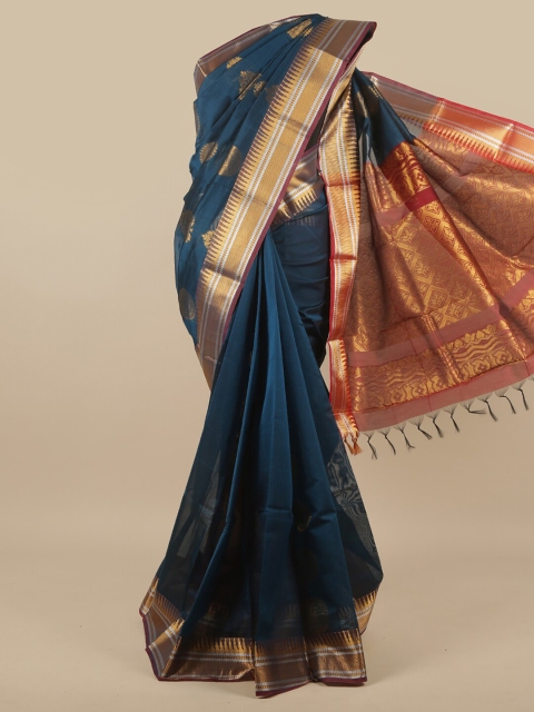 

Pothys Teal & Gold-Toned Woven Design Zari Silk Cotton Saree