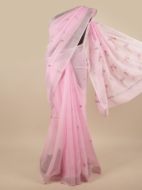 

Pothys Pink & Silver-Toned Floral Embroidered Saree