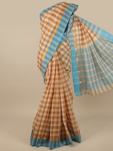 

Pothys Cream-Coloured & Blue Checked Zari Pure Cotton Saree