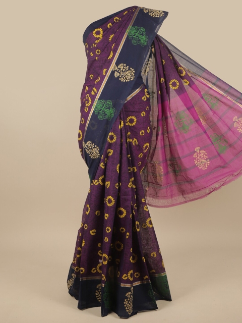 

Pothys Violet & Green Floral Zari Pure Cotton Saree