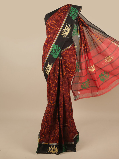 

Pothys Maroon & Orange Ethnic Motifs Zari Pure Cotton Saree
