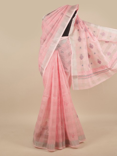 

Pothys Women Pink Chanderi Cotton Ethnic Motifs Embroidered Saree