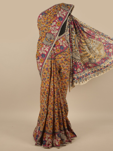 

Pothys Mustard Yellow & Blue Kalamkari Pure Cotton Saree