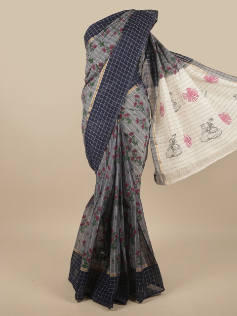 

Pothys Grey & Navy Blue Floral Pure Cotton Saree