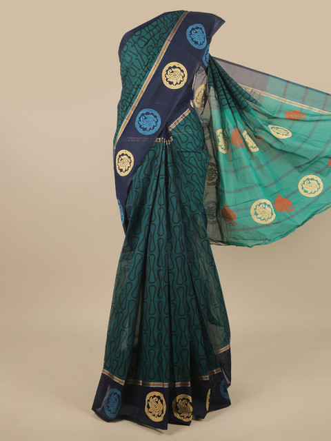 

Pothys Green & Blue Printed Zari Pure Cotton Saree